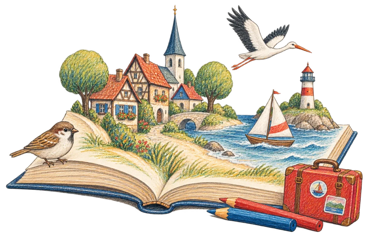 Ein aufgeschlagenes Bilderbuch, aus dem ein kleines Dorf, ein Leuchtturm und ein Segelboot wachsen