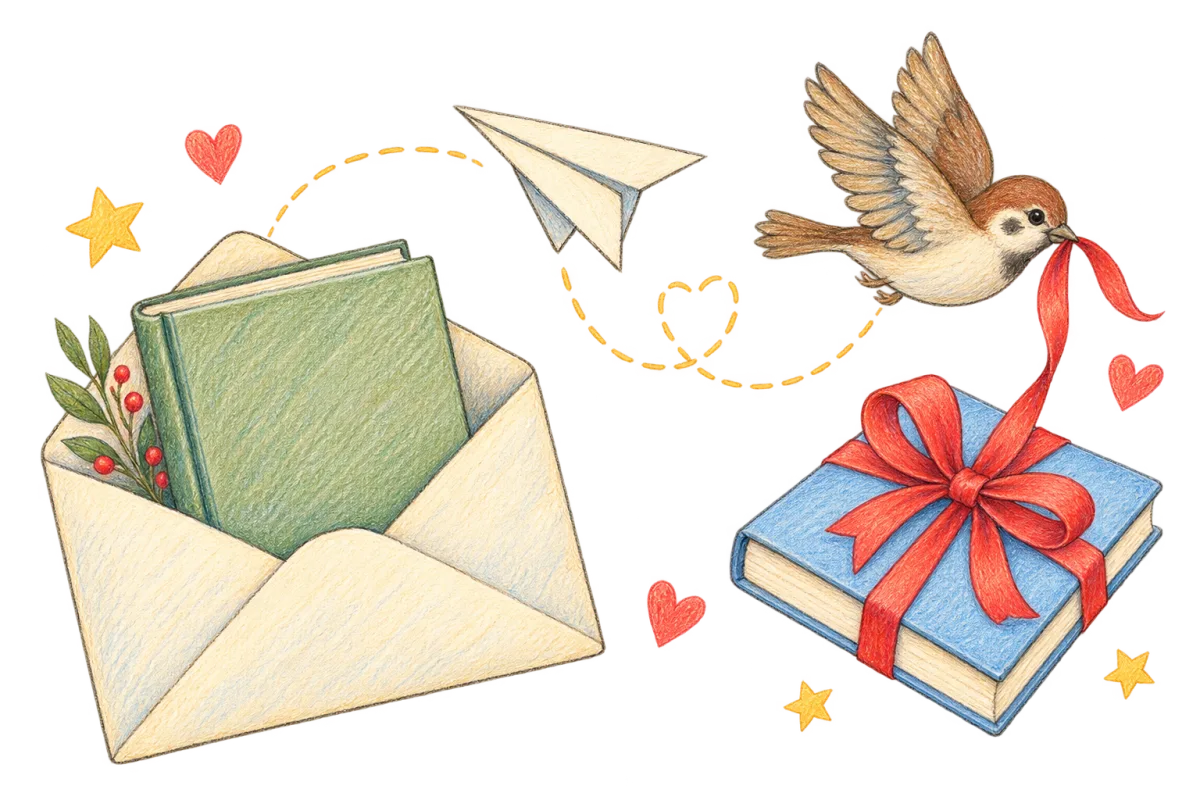 Ein Briefumschlag mit einem Buch, ein Papierflieger und ein Spatz mit rotem Band